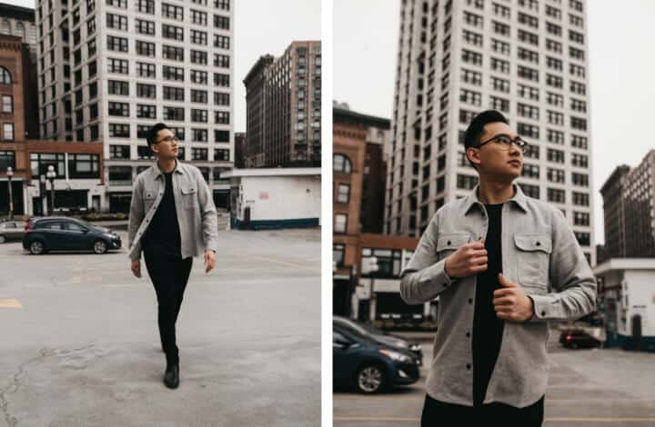 Two images of a man with a beige tower in a the background.