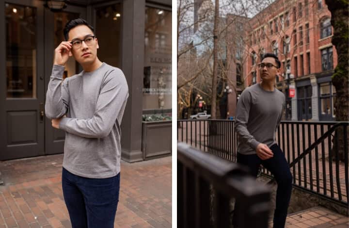 Two images of a man wearing blue pants and a grey shirt.