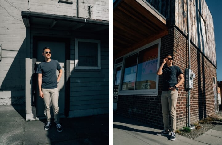 Two images of a man with sunglasses with a building in the background.