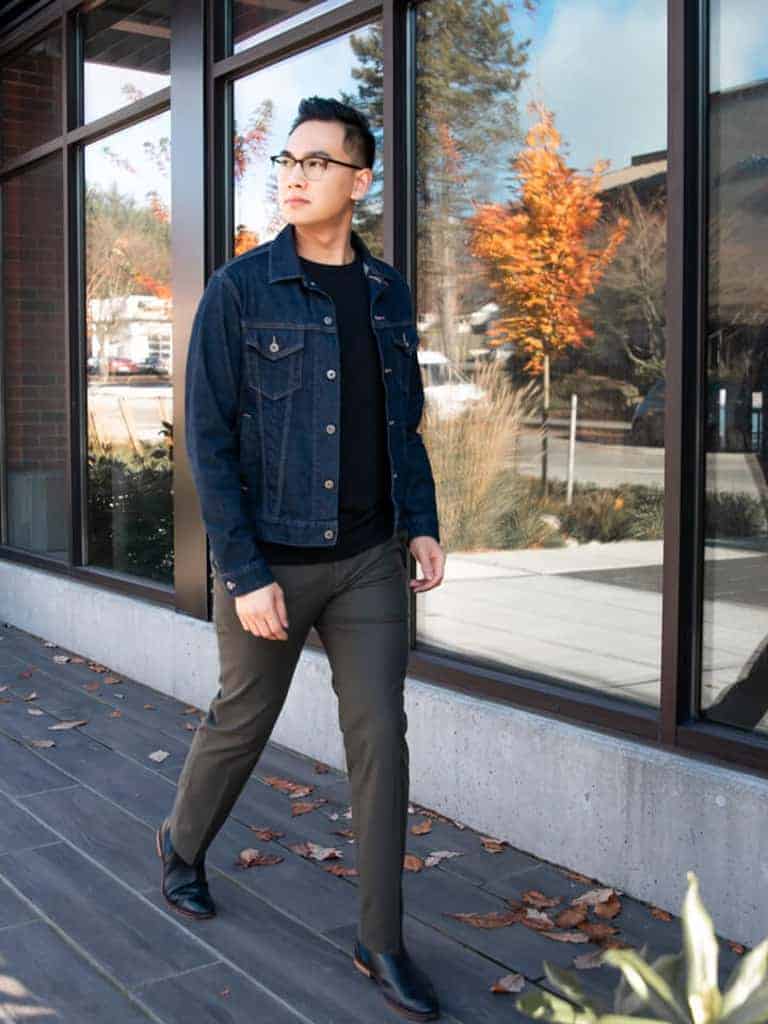 green pants and denim jacket