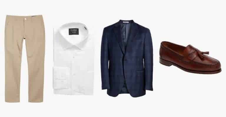 Chinos, button-up, sport coat, loafer.