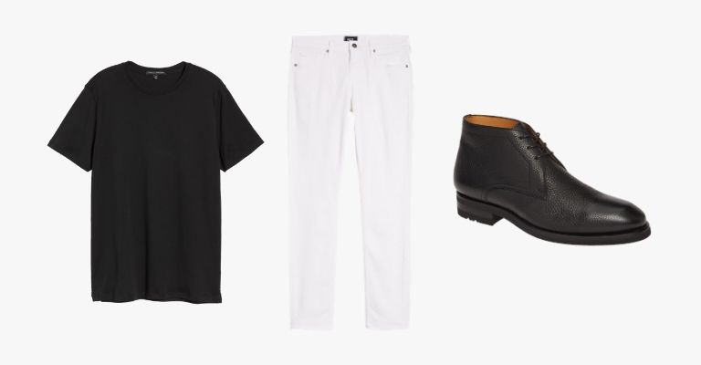 Collection of a black t-shirt, white jeans, and black leather Chukka boot.