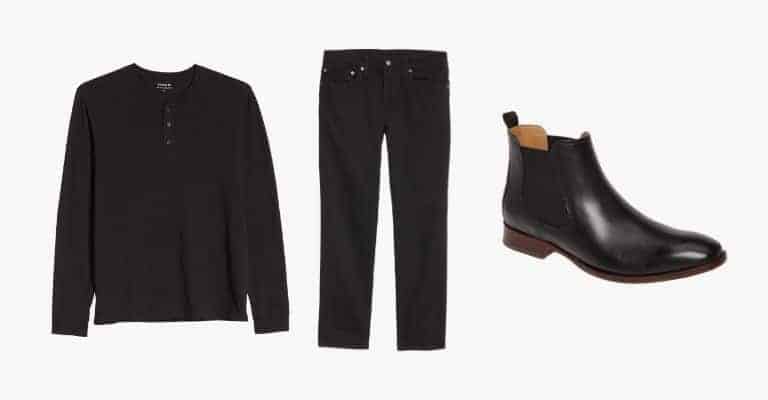 Collection of a black henley t-shirt, black jeans, and black leather Chelsea boots.