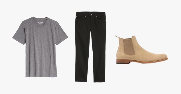 Collection of a grey t-shirt, black jeans, and a tan suede Chelsea boot.