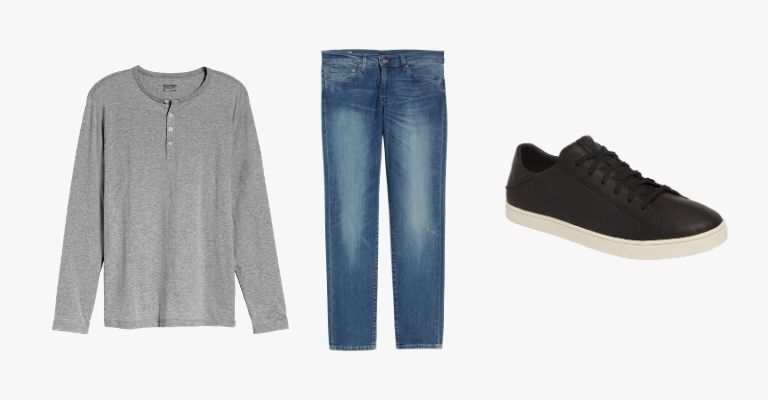 Collection of a grey henley t-shirt, blue jeans, and a black sneaker.