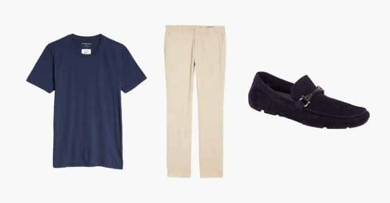 Collection of a navy blue t-shirt, khaki chinos, and navy suede loafers.