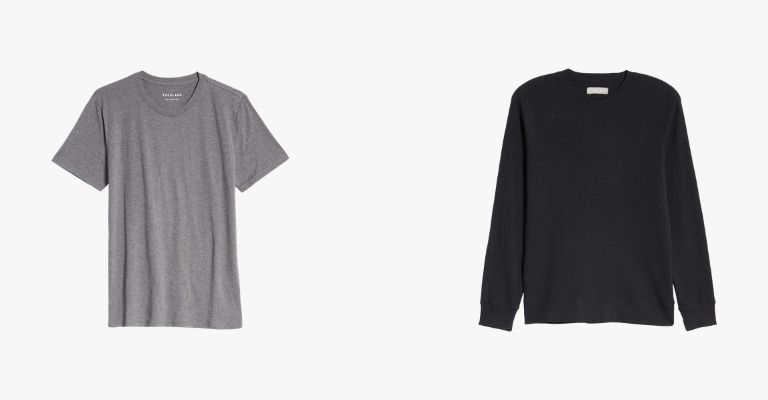 A grey short-sleeve t-shirt and a black long-sleeve t-shirt.