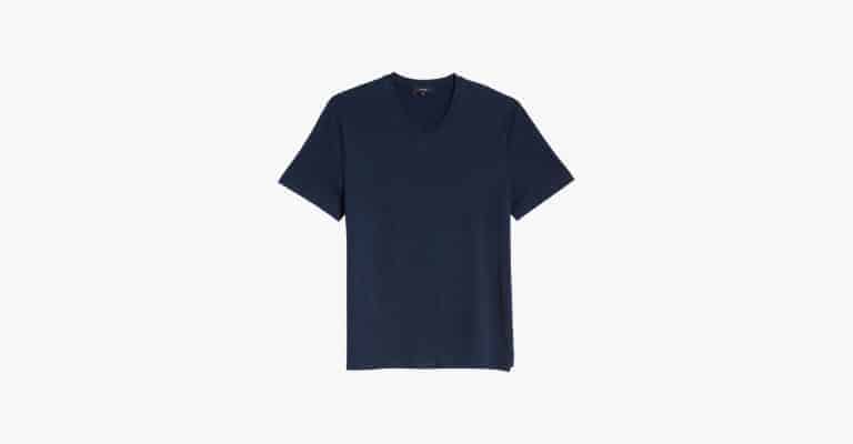 Navy blue v-neck t-shirt.