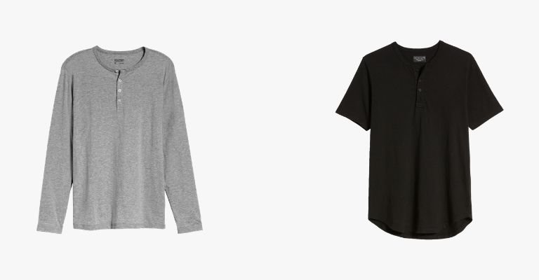 Grey long sleeve henley and black short sleeve henley.