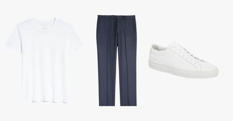 Collection of a white t-shirt, navy trousers, and white sneaker.