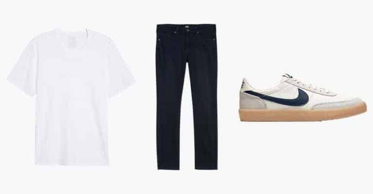 Collection of a white v-neck t-shirt, blue jeans, and a Nike sneaker.