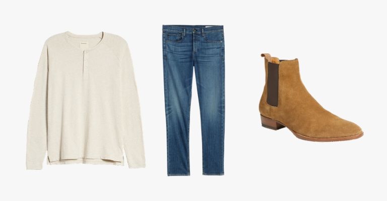 Collection of a beige henley t-shirt, blue jeans, and beige suede Chelsea boots.