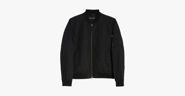 Black nylon bomber jacket.