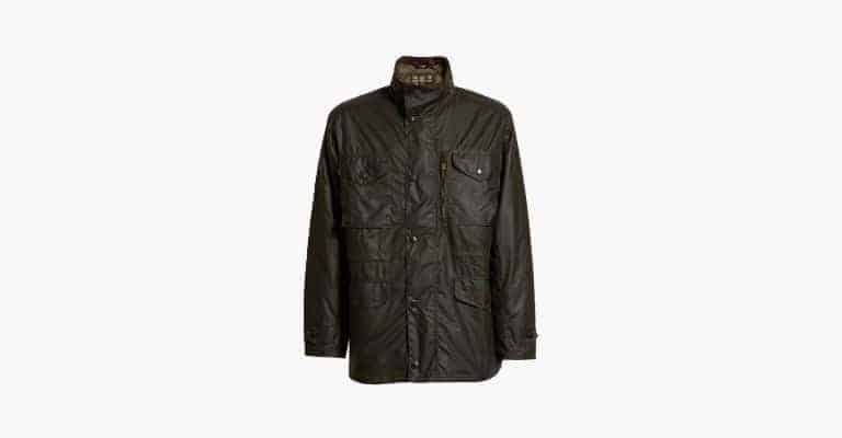 Olive green waterproof utility jacket.