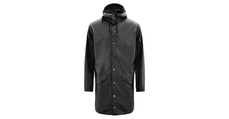 Black long rain jacket.