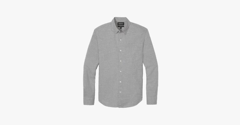 Grey button-down shirt.