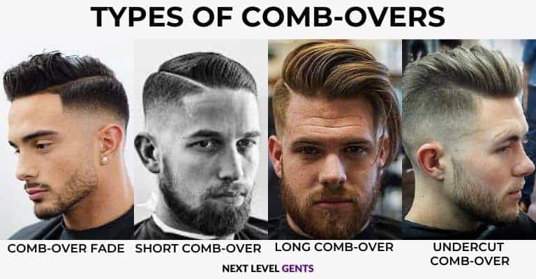 Four different types of comb-over hairstyles with text overlay.