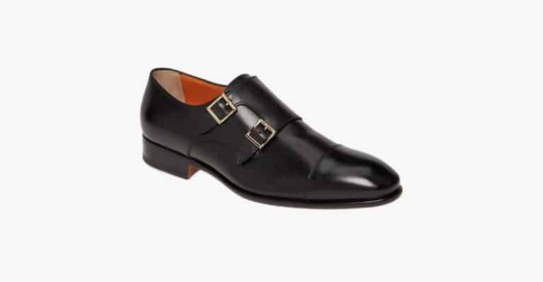 Black leather double monk strap shoe.