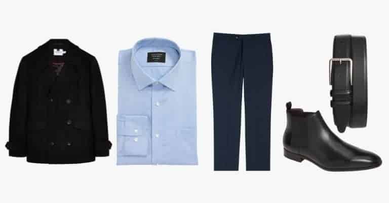 An outfit with Navy dress pants.