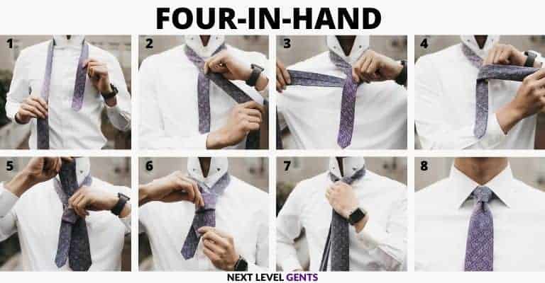 Step-by-step guide showing how to tie a Four-in-Hand knot.