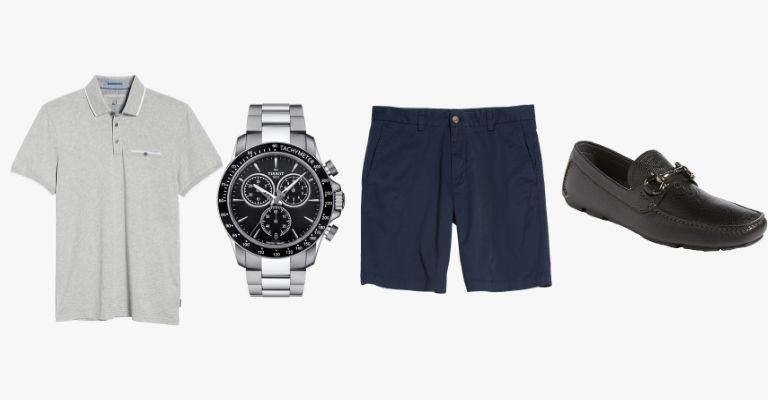 Collection of a shirt, watch, shorts, and shoes.