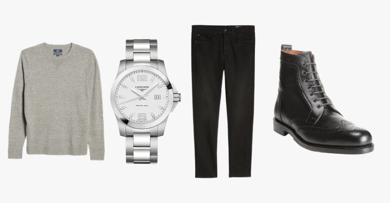 Collection of clothes and a watch.