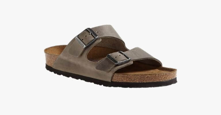 Birkenstock sandal with grey strap.