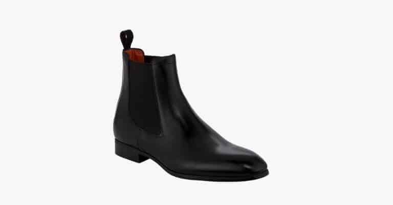 Black leather Chelsea boot with brown interior.