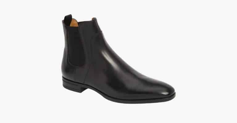 Black leather Chelsea boot with tan interior.