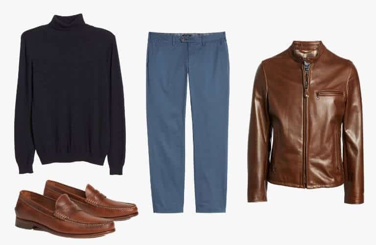 Blue chinos, turtleneck sweater, brown jacket and penny loafers.