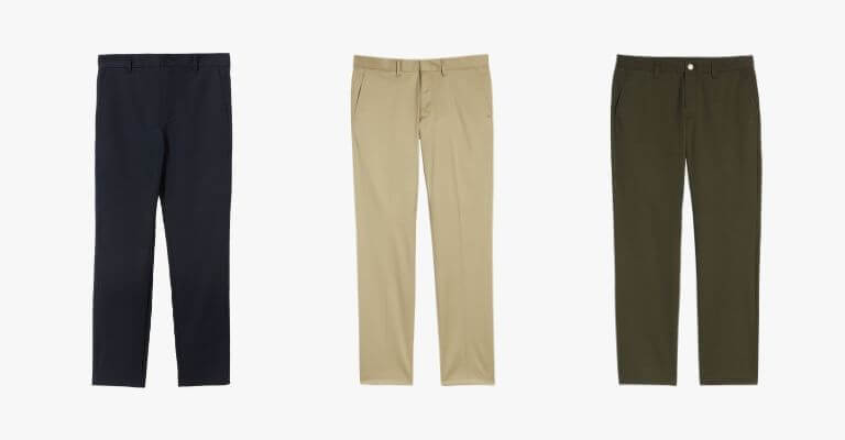 3 different colors of chino pants.