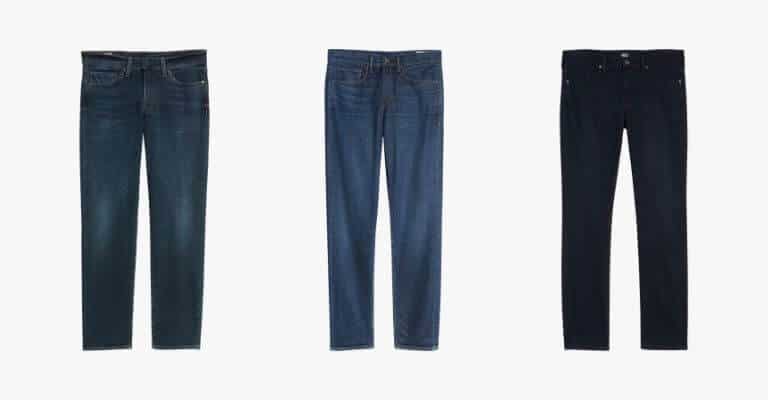 3 pairs of jeans in different colors.