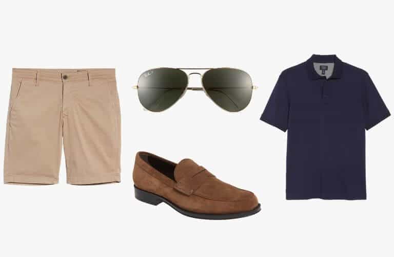 Khaki shorts, blue polo, brown suede penny loafer, and sunglasses.