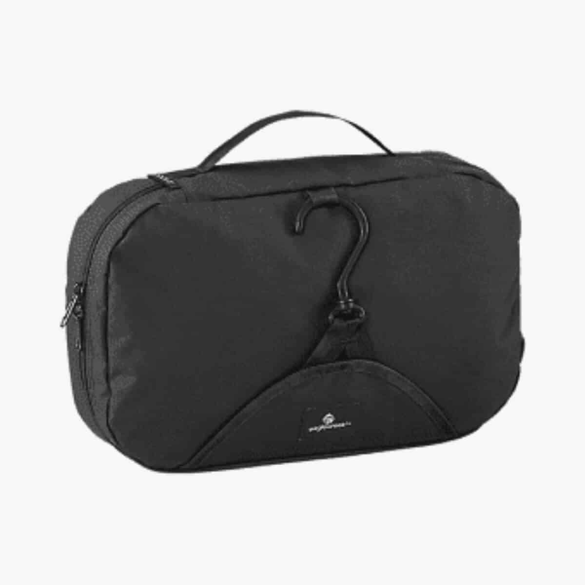 Black hanging toiletry bag.