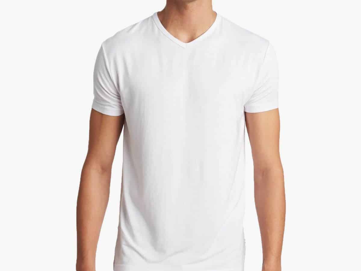 Person wearing a white Tani v-neck undershirt.