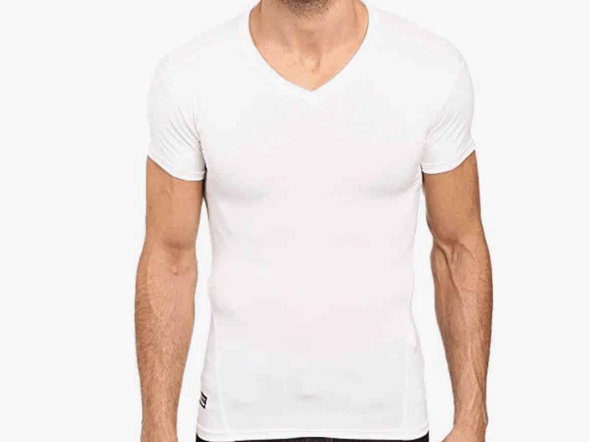 Person wearing a white Under Armour compression v-neck.