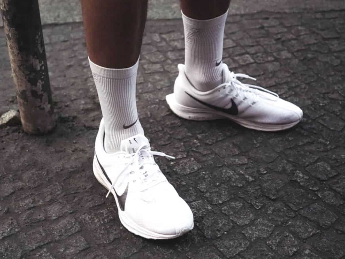 Close-up of athletic men's socks and sneakers.