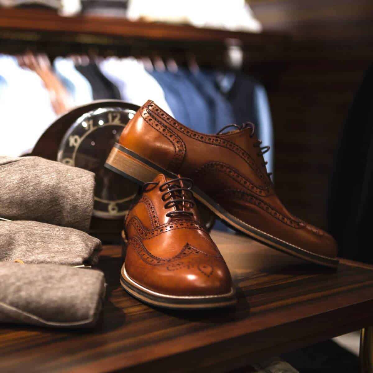 Leather shoes on a table.