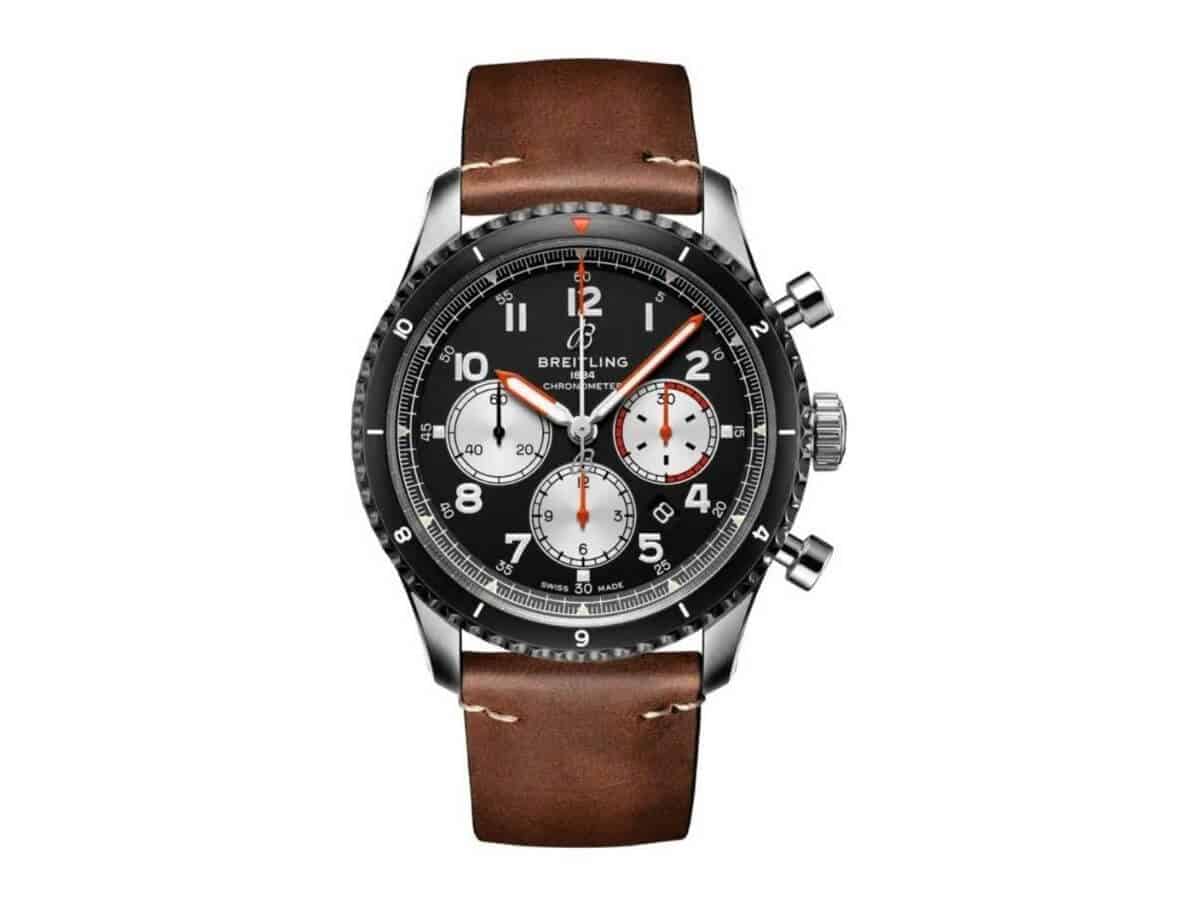 Breitling chronograph watch with a brown leather strap.