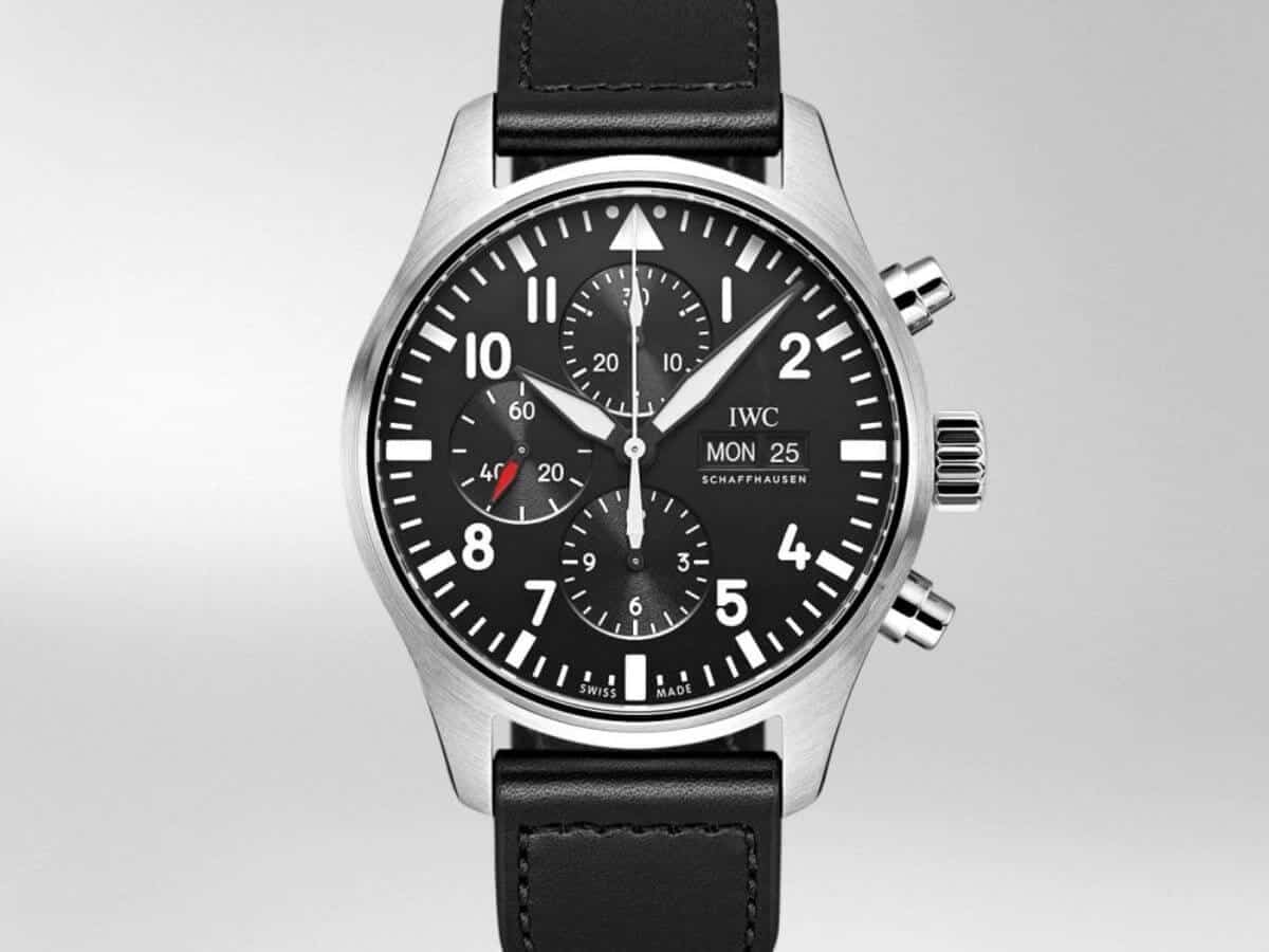 IWC chronograph watch with a black leather strap.