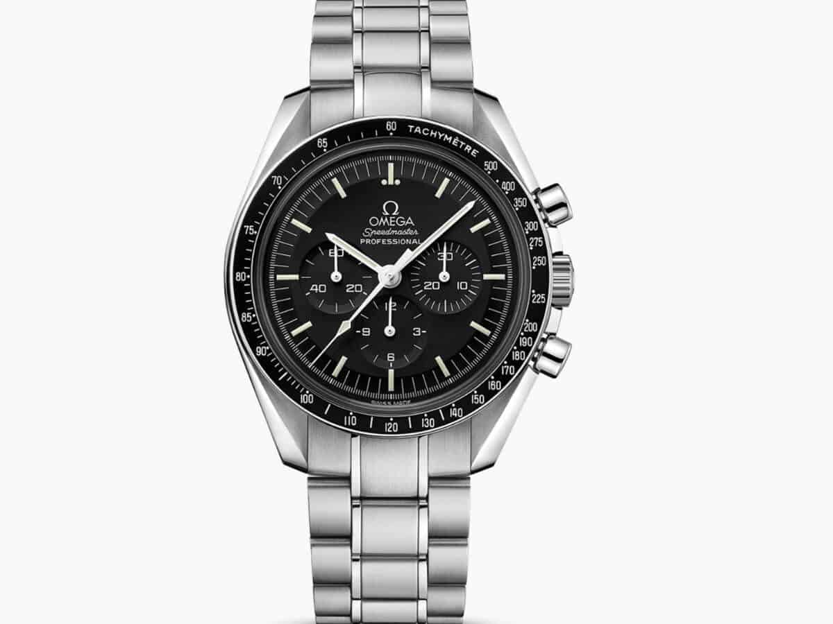 Silver Omega Speedmaster chronograph watch.