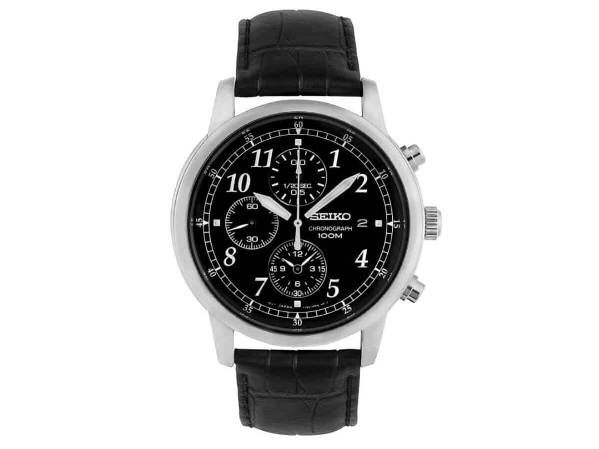 Seiko chronograph watch with a black leather strap.