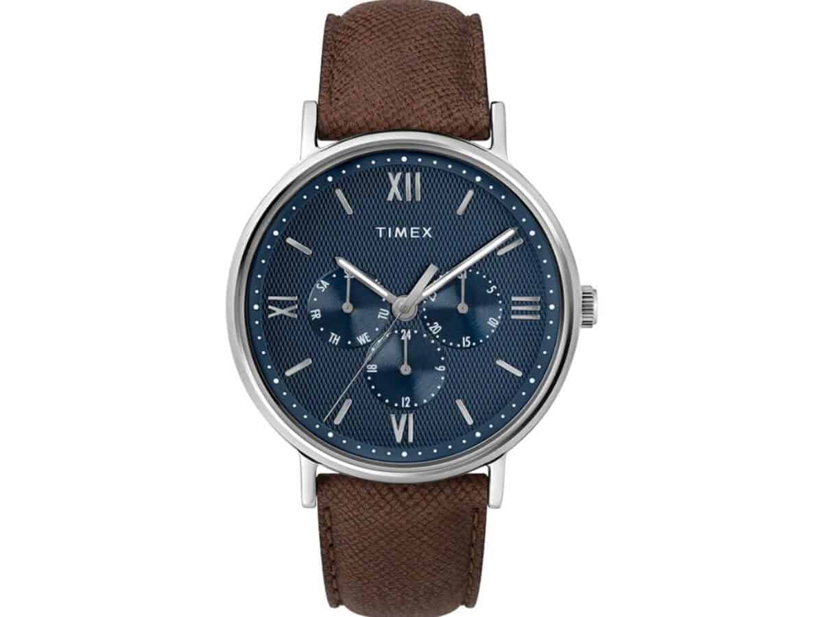 Timex Southview chronograph watch with a brown strap and blue face.