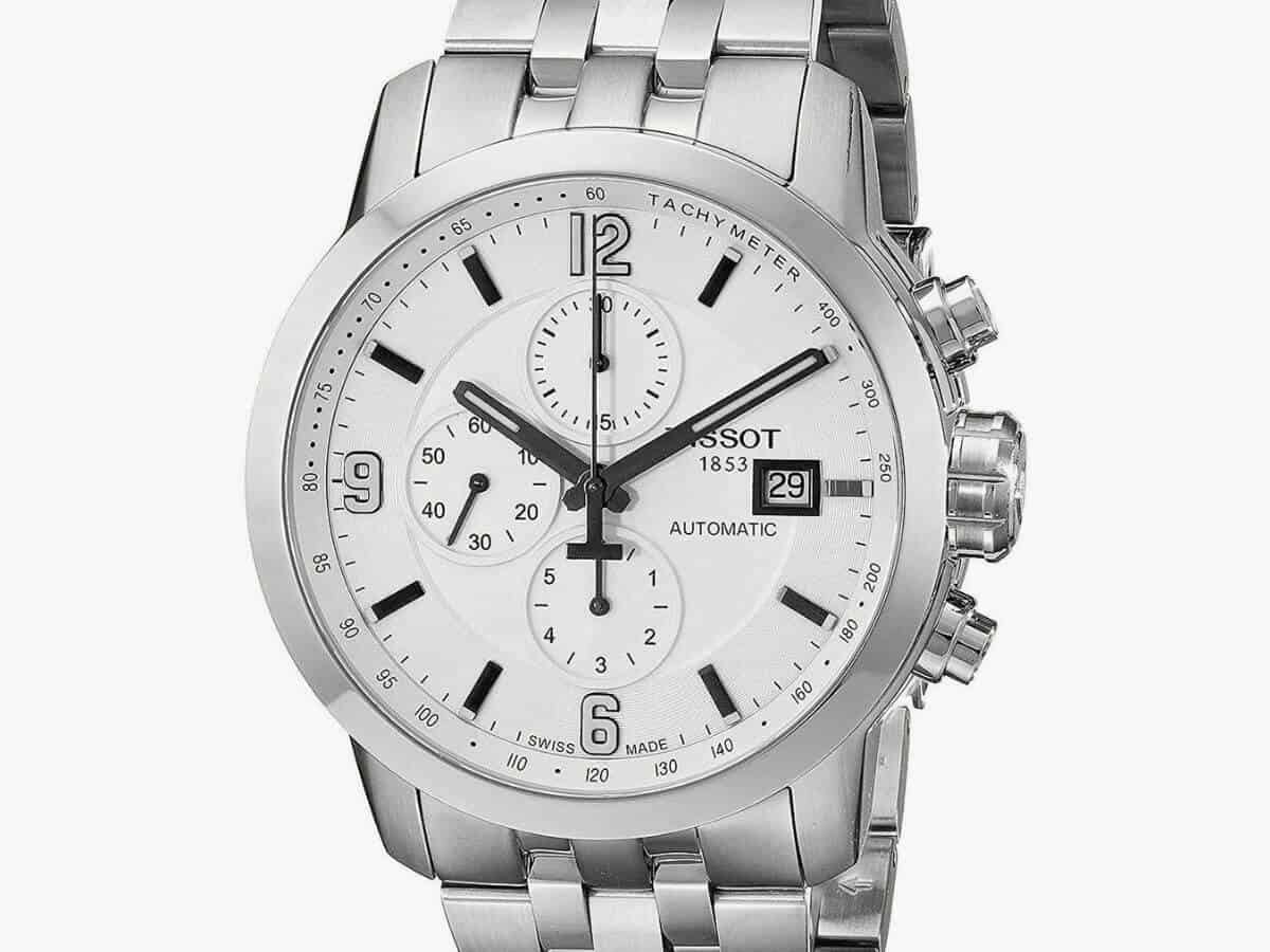 Tissot silver chronograph watch.