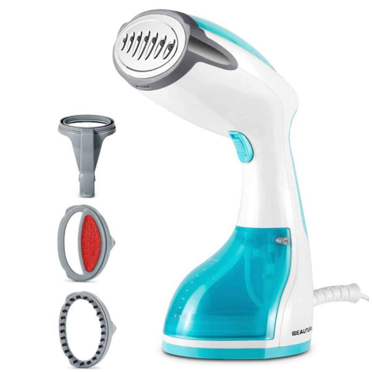 Blue and white handheld steamer.