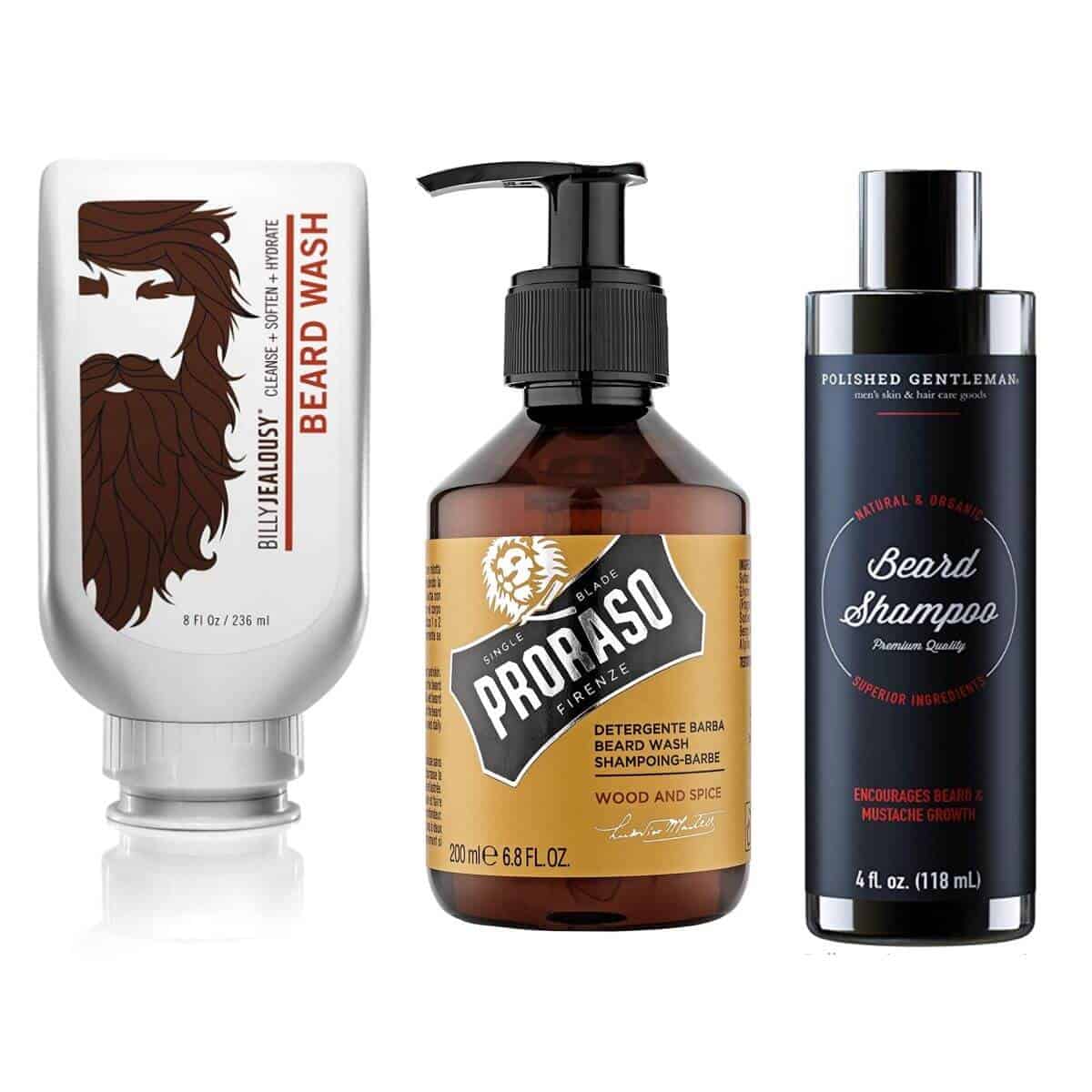 Three bottles of beard shampoo.