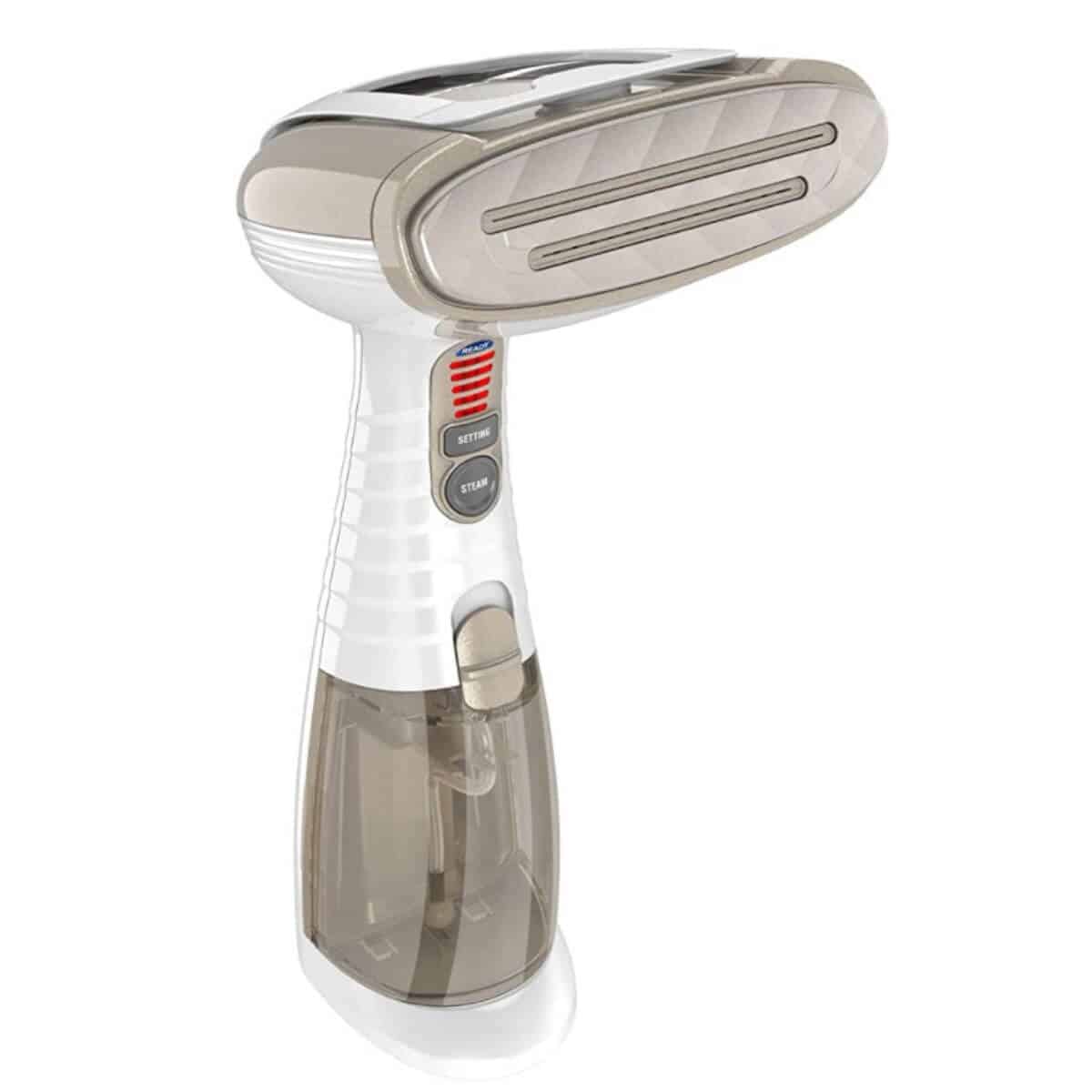 Beige handheld clothes steamer.