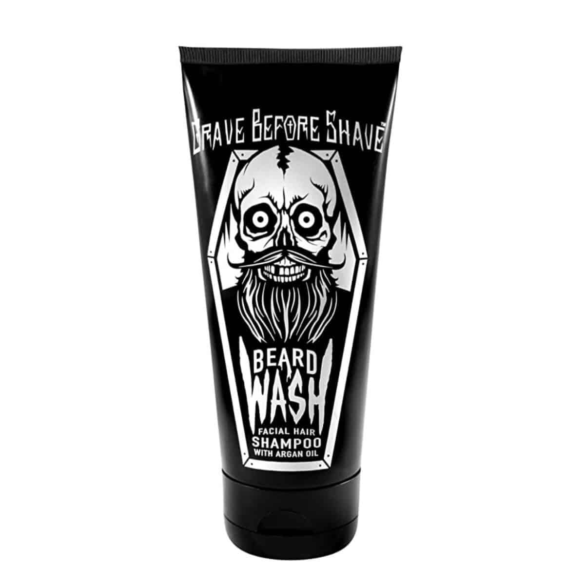Black squeeze bottle of beard shampoo.