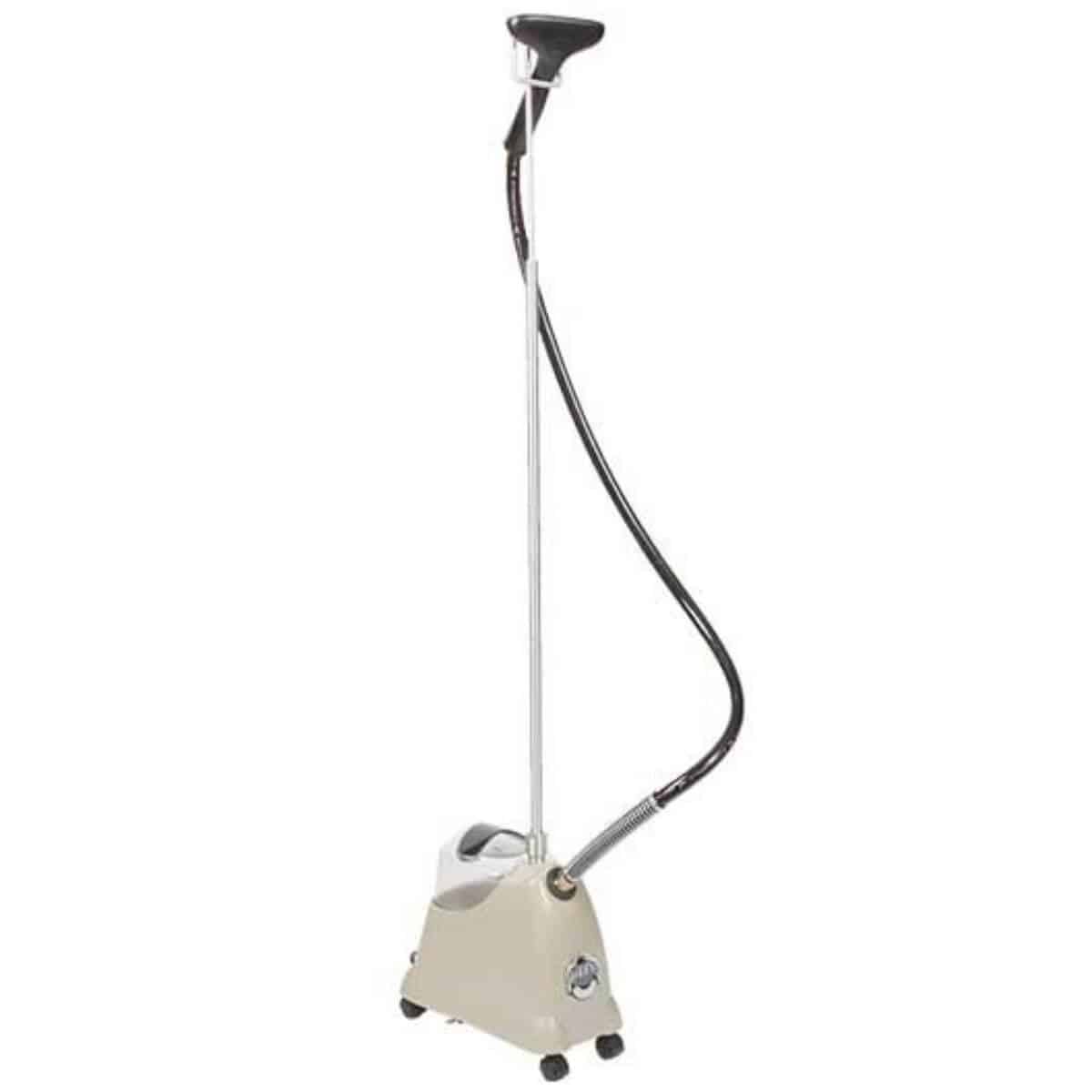 Standing black and grey clothes steamer.