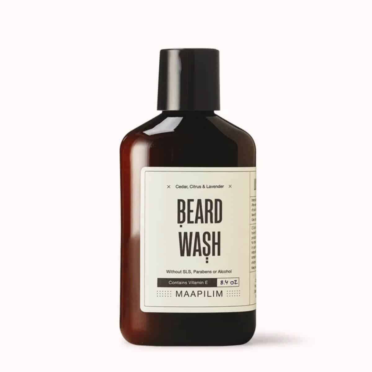 Amber bottle of beard wash.